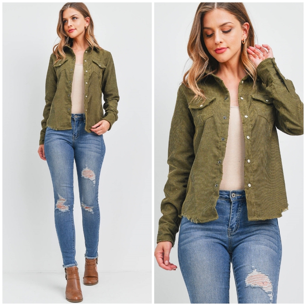LAST ONE❗️SKYLAR+MADISON Olive Distressed Corduroy Shirt - Picture 2 of 6
